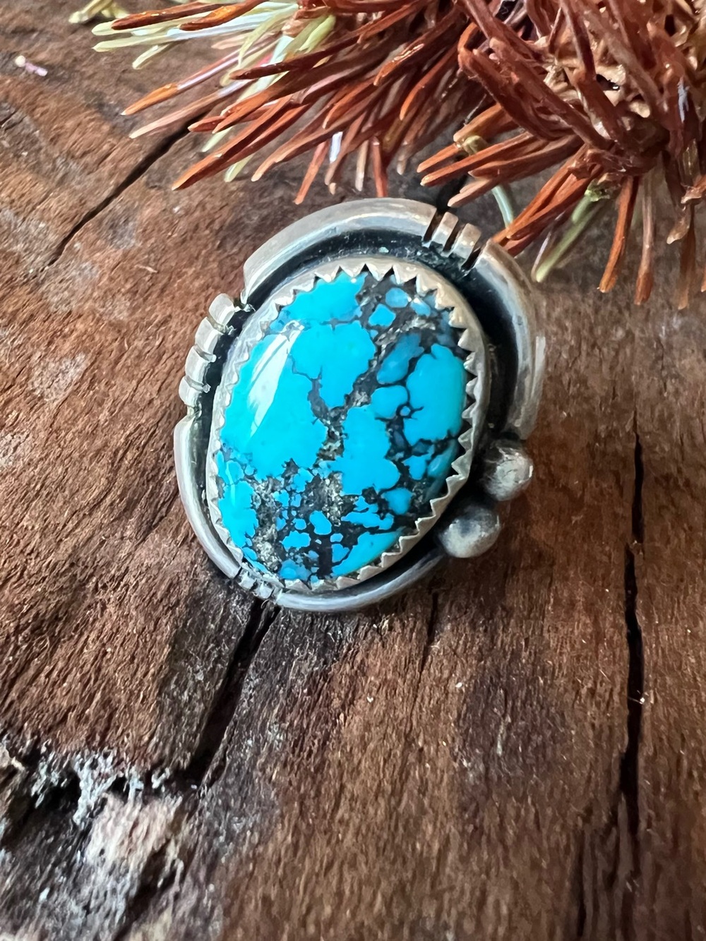 Navajo Oscar Alexius NA Ring Blue Turquoise Pyrite Nugget Oval Shadow Box Flower